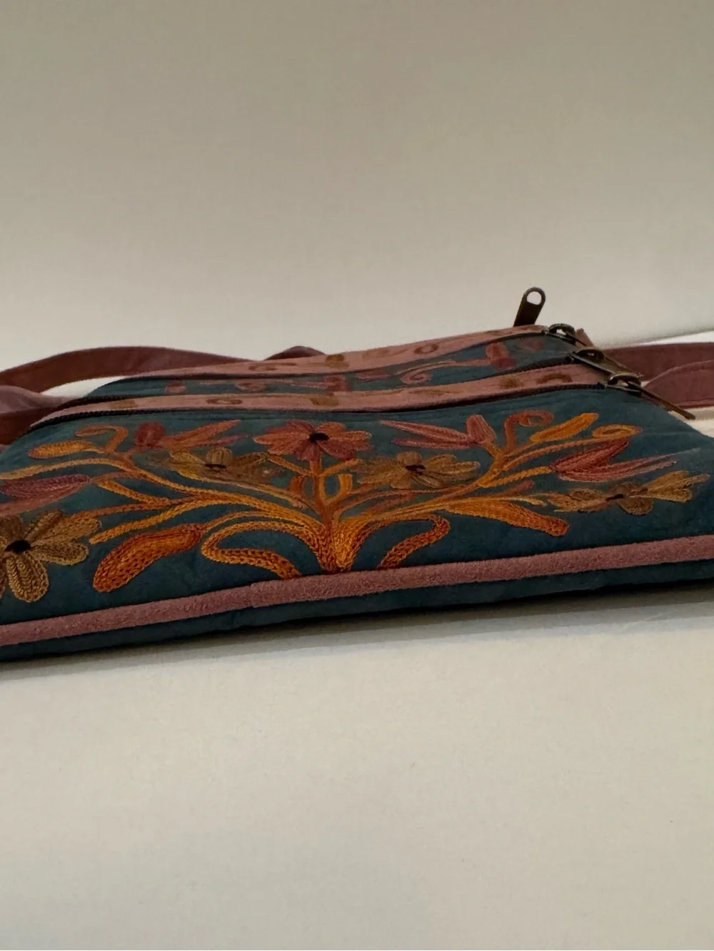 Embroidered Suede Crossbody Handbag